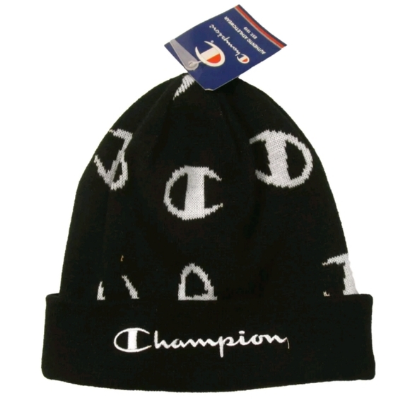 Champion Beanie Hat Black Script All Over Logo - Picture 3 of 5